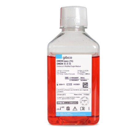 DMEM， 高糖，含4500 mg/L D-葡萄糖、L-谷氨酰胺、 110 mg/L 丙酮酸钠和酚红，不含HEPES 缓冲液